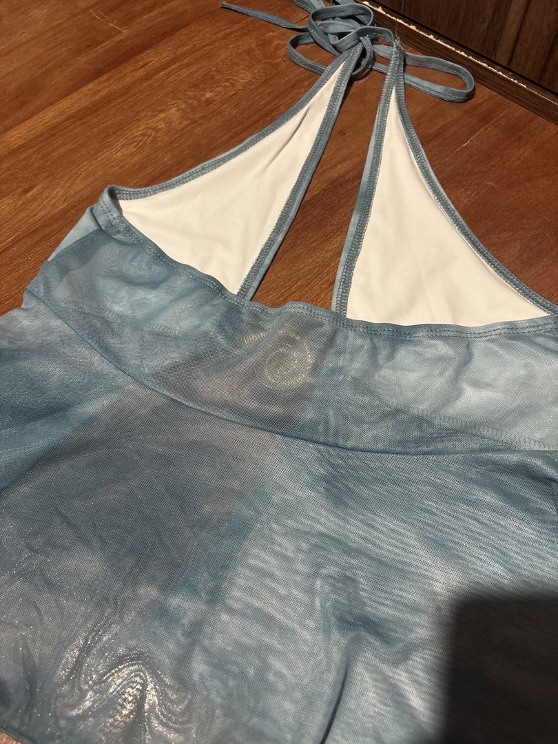 Blue Mesh Halter Top Gold Shell Beach Vibe Y2k (Category: Sleeveless) located in Manila. Submitted by puebleu (Listing ID 1468614527, Image 2). Description: beach vibes sheer halter top.