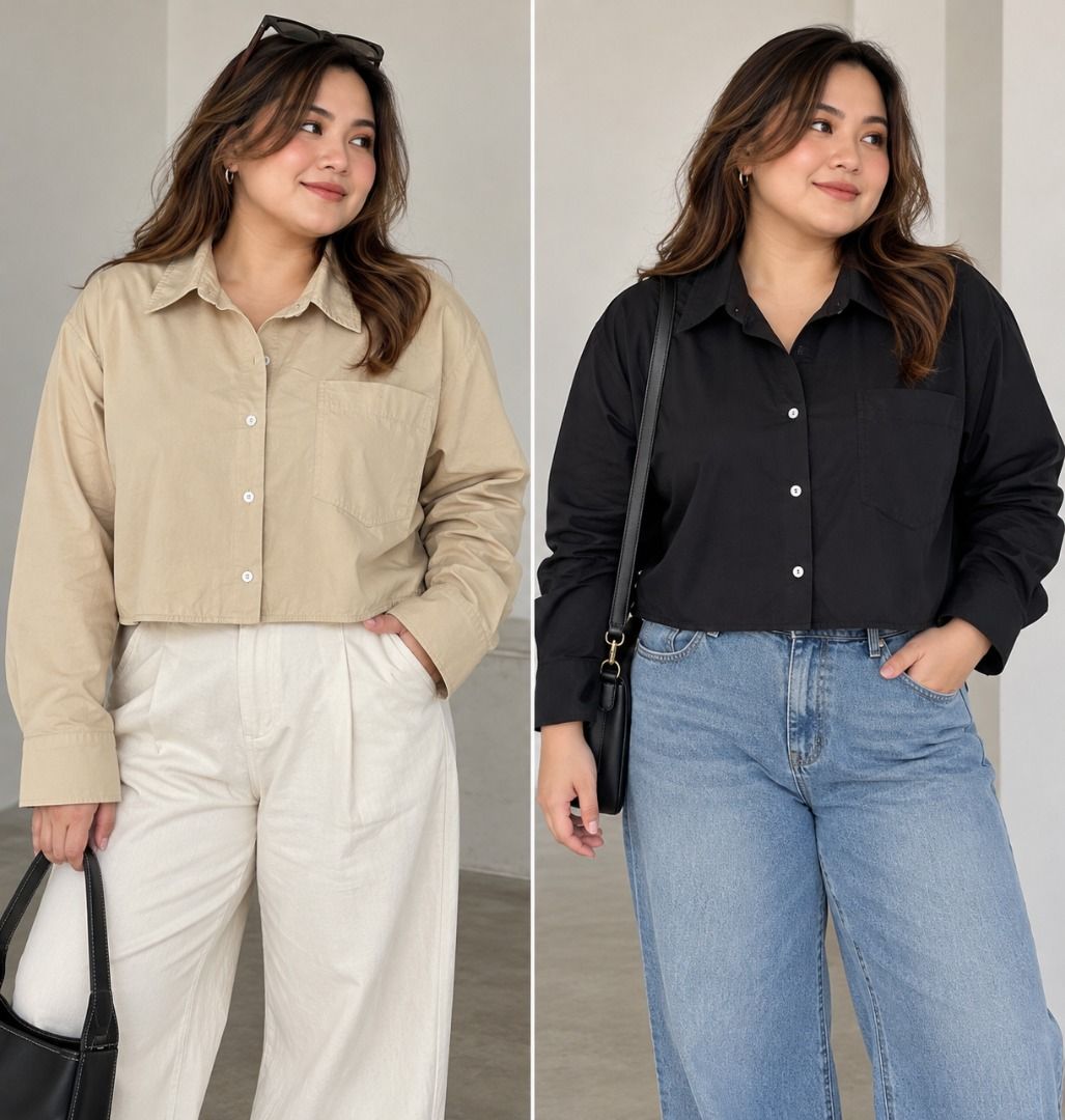BOCU Cropped Long Sleeve Collared Shirt (Category: Longsleeves) located in Manila. Submitted by siriusrocky (Listing ID 1468679844, Image 1). Description: - Brand/Model: BOCU button-down shirt - Color: Khaki/Light Brown, Black - Size: Large but can fit 2XL, - Fabric: Lightweight and comfortable for daily wear - Details: Clean collar and neat stitching throughout - Versatility: Classic style, easy to match with various outfits - Selling at 380 eac