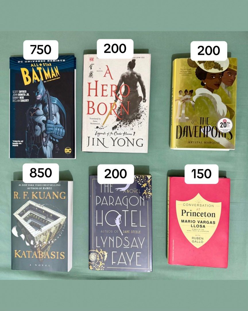 BOOKS FOR SALE (Category: Storybooks) located in Pasig City. Submitted by gi.rex (Listing ID 1468619627, Image 2). Description: Selling various pre-loved/remaindered books in good condition! Meditations by Marcus Aurelius — ₱75 Inferno by Dante Alighieri — ₱100 The 39 Clues: Trust No One (Book 5) — ₱120 The 39 Clues: Day of Doom (Book 10) — ₱120 Conversation at Princeton by Mario Vargas Llosa & Rubén Gallo — ₱150 A Hero Born by Jin Yong — ₱200 Th
