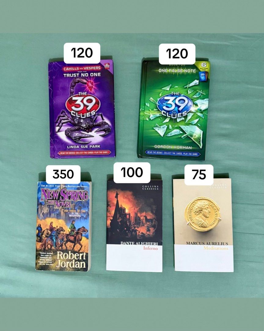 BOOKS FOR SALE (Category: Storybooks) located in Pasig City. Submitted by gi.rex (Listing ID 1468619627, Image 1). Description: Selling various pre-loved/remaindered books in good condition! Meditations by Marcus Aurelius — ₱75 Inferno by Dante Alighieri — ₱100 The 39 Clues: Trust No One (Book 5) — ₱120 The 39 Clues: Day of Doom (Book 10) — ₱120 Conversation at Princeton by Mario Vargas Llosa & Rubén Gallo — ₱150 A Hero Born by Jin Yong — ₱200 Th