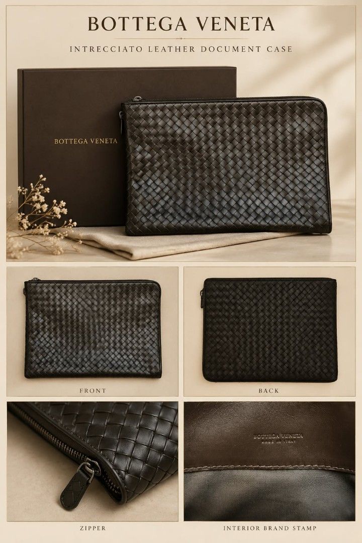 Bottega Veneta Intrecciato Leather Document Case (Category: Luxury Bags & Wallets) located in Makati City. Submitted by iamemztot_1992 (Listing ID 1468655710, Image 1). Description: - Brand: Authentic Designer Document Case - Material: Premium black leather with soft leather interior - Design: Iconic intrecciato weave pattern on front and back - Hardware: Smooth zipper closure with dark metal hardware - Inclusions: Original brown storage box and 