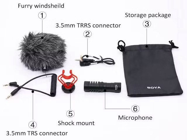 Boya Camera and Smartphone Microphone with Accessories (Category: Microphones) located in Batangas. Submitted by janemaraa (Listing ID 1468662633, Image 1). Description: - Boya mini directional microphone complete set with original box - Works seamlessly with DSLR cameras, mirrorless cameras, and smartphones - Includes furry windshield for clear outdoor recording and a steady shock mount - Comes with 3.5mm TRS and TRRS connectors plus a handy sto