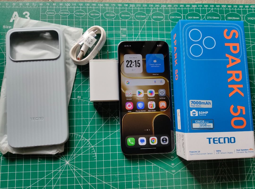 Brandnew Tecno Spark 50 (Category: Early Generation Mobile Phones) located in Caloocan City. Submitted by shella230718 (Listing ID 1468515009, Image 1). Description: - Product: Brand new Tecno Spark 50 - Storage & Camera: 128GB storage with 50MP main camera - Battery: Massive 7000mAh battery for long-lasting use - Condition: Brand new, complete with original box - Inclusions: Phone, fast charger, USB cable, and free protective case.