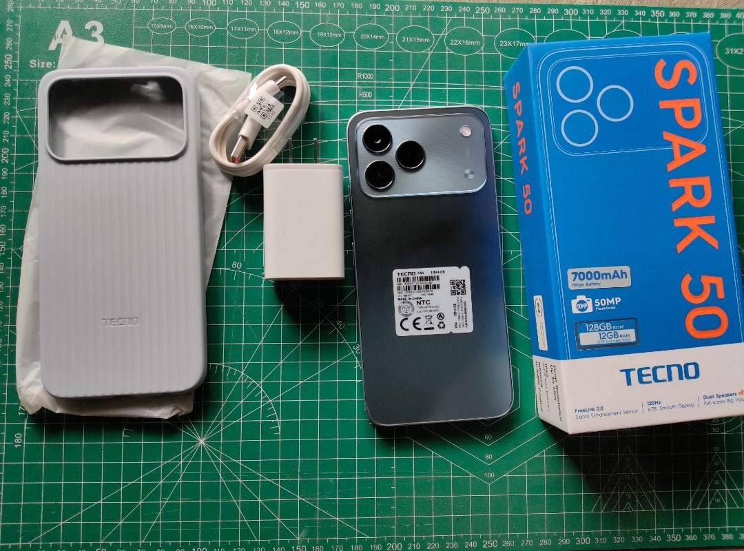 Brandnew Tecno Spark 50 (Category: Early Generation Mobile Phones) located in Caloocan City. Submitted by shella230718 (Listing ID 1468515009, Image 2). Description: - Product: Brand new Tecno Spark 50 - Storage & Camera: 128GB storage with 50MP main camera - Battery: Massive 7000mAh battery for long-lasting use - Condition: Brand new, complete with original box - Inclusions: Phone, fast charger, USB cable, and free protective case.