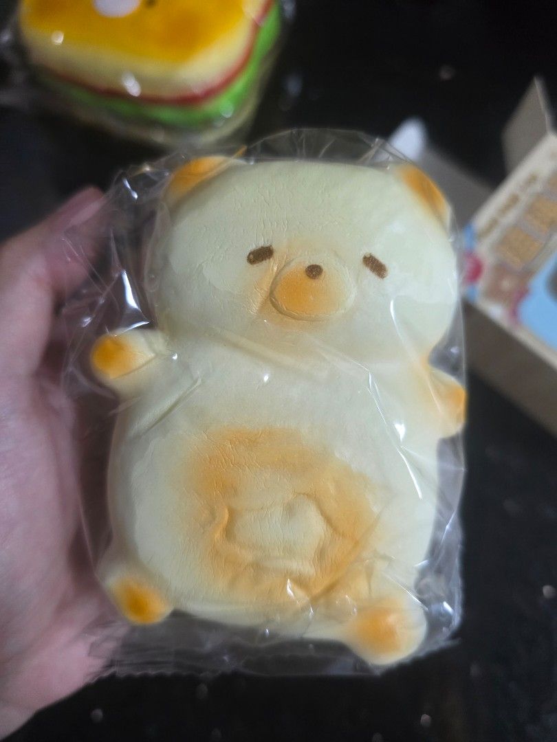 Bread bear squishy (Category: Plushies & Soft Toys) located in Singapore. Submitted by hazel5 (Listing ID 1468660888, Image 2). Description: Left 1 colour each instock! Please indicate which colour you want! Super slow raising and soft!! Smells like bread!.