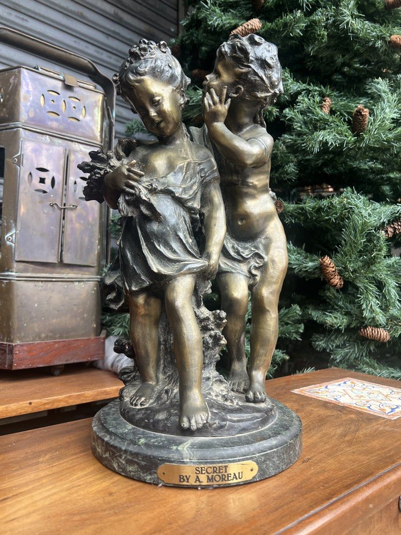Bronze Sculpture by Auguste Moreau “Secret” (Category: Other Home Decor) located in Makati City. Submitted by baliktanaw (Listing ID 1468582775, Image 1). Description: Solid cast bronze statue attributed to French artist Auguste Moreau (2834-1917) “ Secret “ mounted on a circular green marble base. About 17 1/2 inches tall...