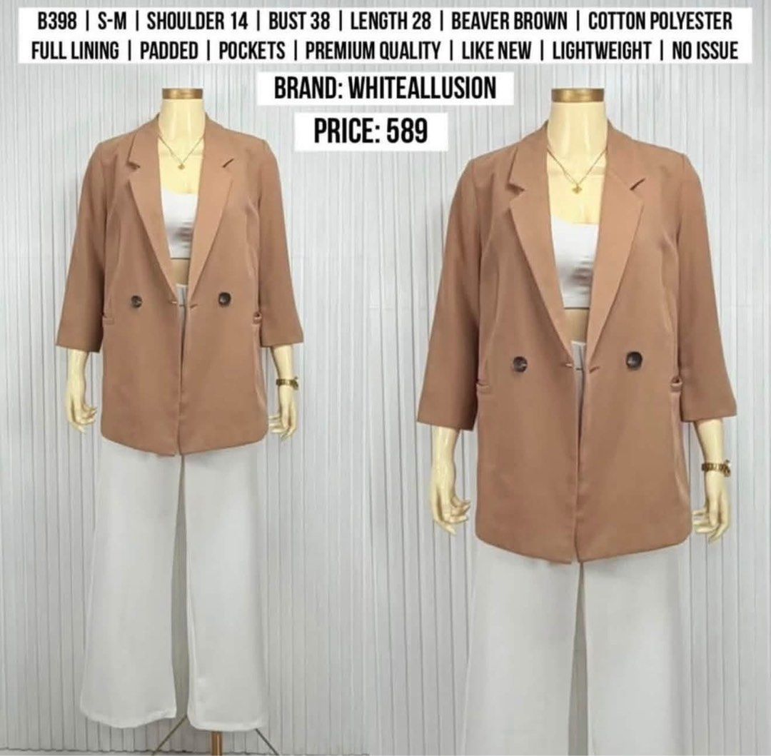 BROWN BLAZER | S-M (Category: Coats, Jackets and Outerwear) located in Manila. Submitted by superizza (Listing ID 1468707042, Image 1). Description: 🌻Location: Paco, Manila. No physical store 🌻Mannequin estimated height: 5’4 🌻Mqnnequin size: Small 🌻Mannequin waist: 23” 🌻Mannequin thigh circumference: 36” 🌻Items are already washed and front steamed, pwede na suotin if di ka maselan. 🌻All items are thrifted (from ukay bales) unless stated as