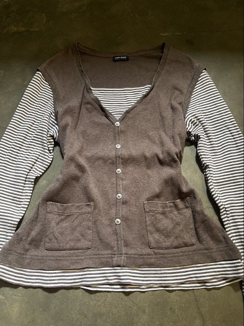 Brown layered V-neck cardigan top (Category: Longsleeves) located in Manila. Submitted by ljpgdn (Listing ID 1468507457, Image 3). Description: Dm me for more deets ^u^.