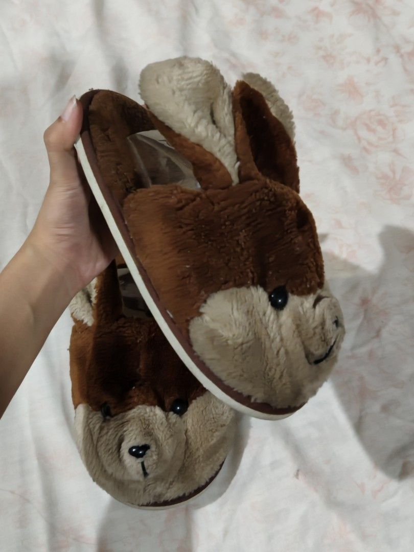 brown plush animal rabbit slippers (Category: Slippers and slides) located in Bulacan. Submitted by angel.decluttersx (Listing ID 1468630938, Image 2). Description: size 34-35 9 inches Length needs washing lang no issue ‼️ actual ww provided (refer to photos) (I'm size 36 for reference ).