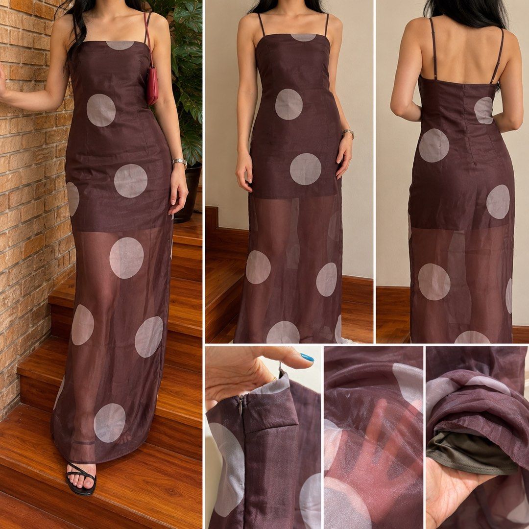 Brown Polka Dot Maxi Dress with Sheer Overlayer (Category: Dresses) located in Davao. Submitted by 2ndbase.dvo.ii (Listing ID 1468536443, Image 1). Description: - Color & Pattern: Brown with large white/cream polka dots - Design: Square neckline, thin spaghetti straps, fitted bodice - Length: Maxi, hits around the ankles - Details: Sheer organza overlay with a shorter inner lining, side hidden zipper closure - Material: Lightweight and airy - Con