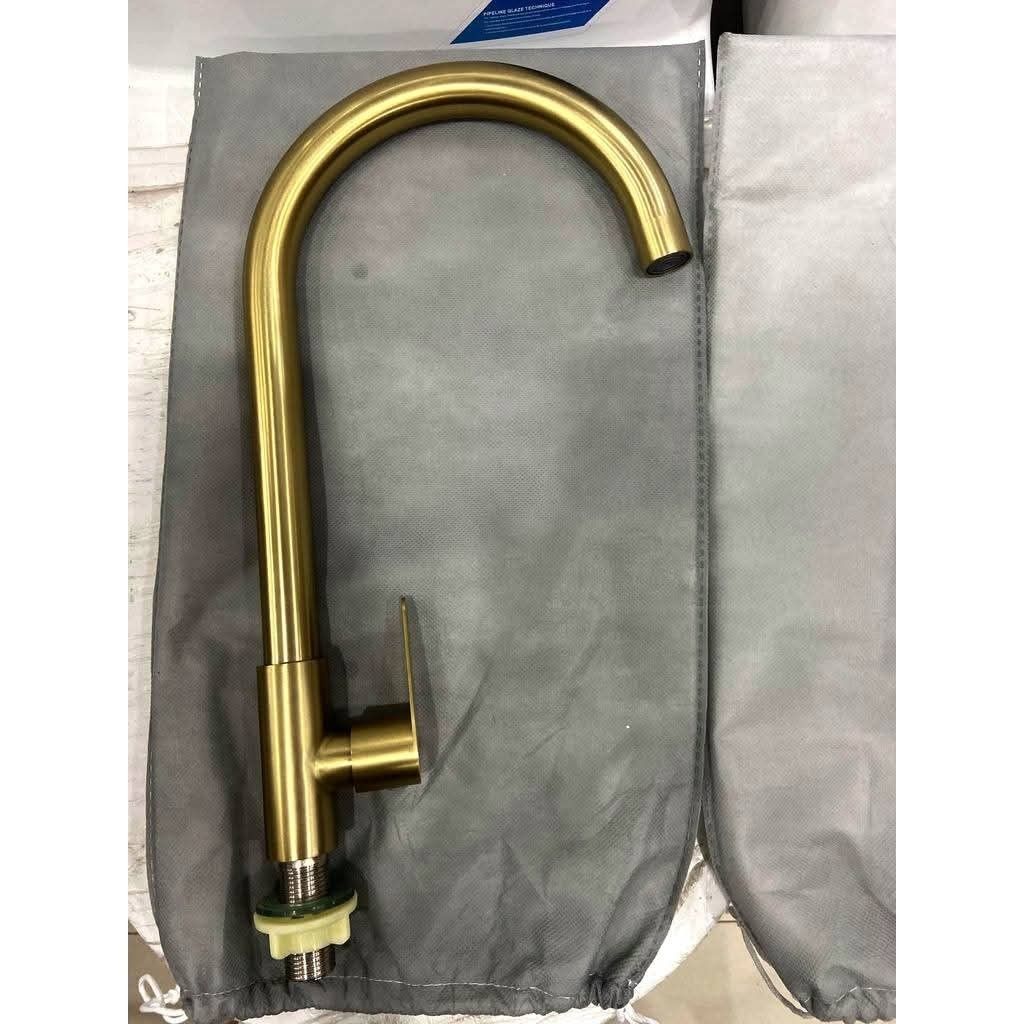 Brushed Gold Kitchen Faucet (Category: Bathroom & Kitchen Fixtures) located in Manila. Submitted by mightytiger_4bb6fd (Listing ID 1468617187, Image 2). Description: - Elegant brushed gold finish with modern matte texture that resists water spots - High-arch swivel spout for easy pot filling and cleaning - Single lever handle on the side for smooth temperature and water flow control - Complete set includes mounting hardware for hassle-free instal
