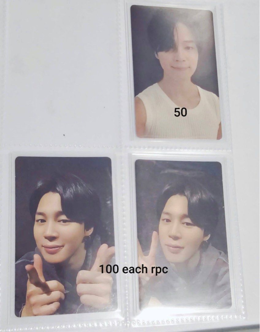 BTS Jimin Photocards Album (Category: K-Wave Merchandise) located in Cavite. Submitted by winterbear20 (Listing ID 1468600597, Image 1). Description: - Official BTS Jimin photocards from FACE albums - Price: ₱50 to ₱100 per card (prices marked individually) - Condition: Mint, stored securely in photo sleeves since unboxing - Perfect for ARMY collectors - Note: Please PM to select your specific card before checking out.