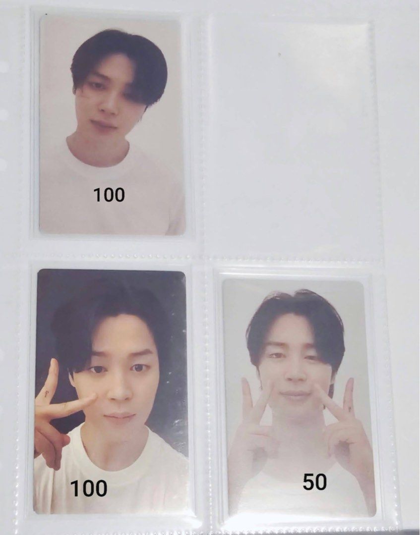 BTS Jimin Photocards Album (Category: K-Wave Merchandise) located in Cavite. Submitted by winterbear20 (Listing ID 1468600597, Image 2). Description: - Official BTS Jimin photocards from FACE albums - Price: ₱50 to ₱100 per card (prices marked individually) - Condition: Mint, stored securely in photo sleeves since unboxing - Perfect for ARMY collectors - Note: Please PM to select your specific card before checking out.