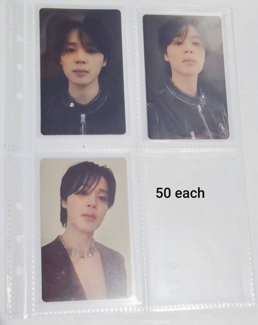 BTS Jimin Photocards Album (Category: K-Wave Merchandise) located in Cavite. Submitted by winterbear20 (Listing ID 1468600597, Image 3). Description: - Official BTS Jimin photocards from FACE albums - Price: ₱50 to ₱100 per card (prices marked individually) - Condition: Mint, stored securely in photo sleeves since unboxing - Perfect for ARMY collectors - Note: Please PM to select your specific card before checking out.