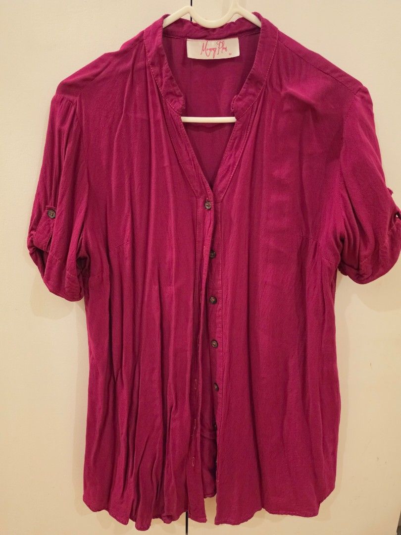 Bundle Maternity Clothes Large office (Category: Blouses) located in Valenzuela. Submitted by cessa009 (Listing ID 1468645447, Image 2). Description: 6 blouses 1 legging pants - Color: Vibrant magenta - Size: Medium (tag attached) - Style: Short sleeves, collar neck, front button closure with dark buttons - Material: Lightweight and comfortable fabric - Condition: Clean, excellent, no flaws noticed - Mode of Payment: Gcash / Bank Transfer - Shipp