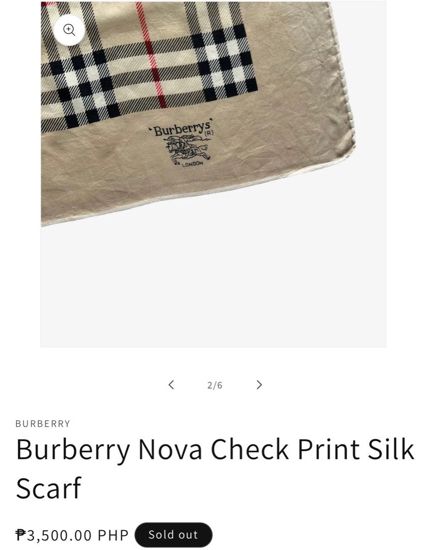 Burberry Nova Check Print Silk Scarf (Category: Scarves) located in Manila. Submitted by starbalesukandjapansurplus (Listing ID 1468597499, Image 2). Description: - Authentic Burberry silk twill scarf - Iconic nova check pattern in a versatile neutral beige color - Features the vintage 'Burberrys' London equestrian knight logo - Elegant hand-rolled edges - Square size, perfect for versatile styling - Timeless designer wardrobe essential.