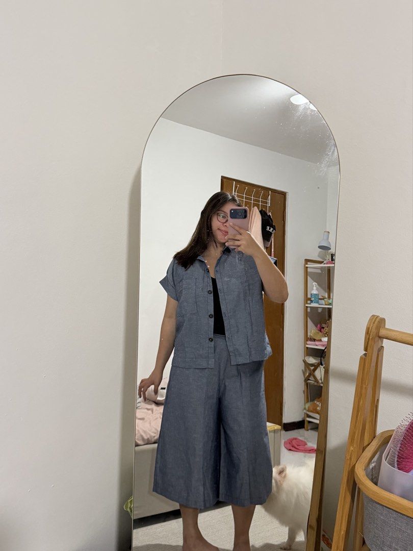 Button-Up Top and Culottes Matching Set (Category: Sets or Coordinates) located in Paranaque City. Submitted by crysizzl (Listing ID 1468541155, Image 1). Description: - Brand new - Style: Matching two-piece set - Color: Medium blue chambray - Top: Short-sleeve button-up with a collar - Bottoms: Wide-leg cropped culottes - Fit: Relaxed fit throughout - Versatile: Wear together as a set or mix and match with other wardrobe staples.