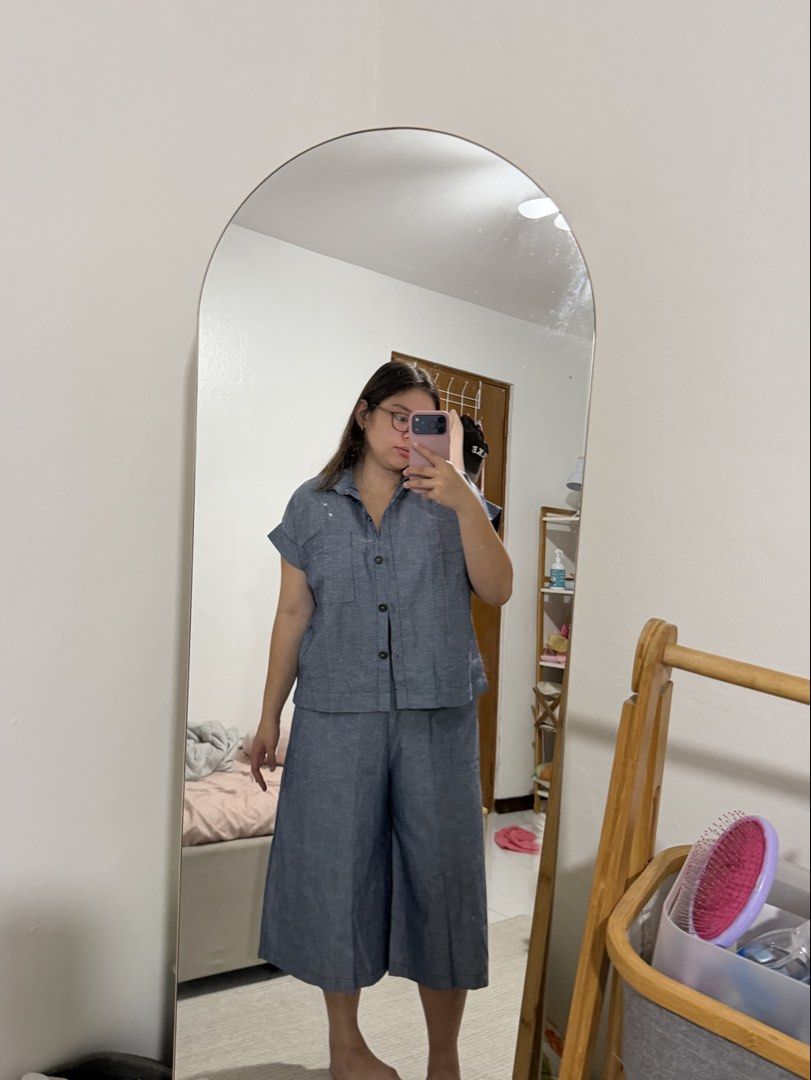 Button-Up Top and Culottes Matching Set (Category: Sets or Coordinates) located in Paranaque City. Submitted by crysizzl (Listing ID 1468541155, Image 2). Description: - Brand new - Style: Matching two-piece set - Color: Medium blue chambray - Top: Short-sleeve button-up with a collar - Bottoms: Wide-leg cropped culottes - Fit: Relaxed fit throughout - Versatile: Wear together as a set or mix and match with other wardrobe staples.