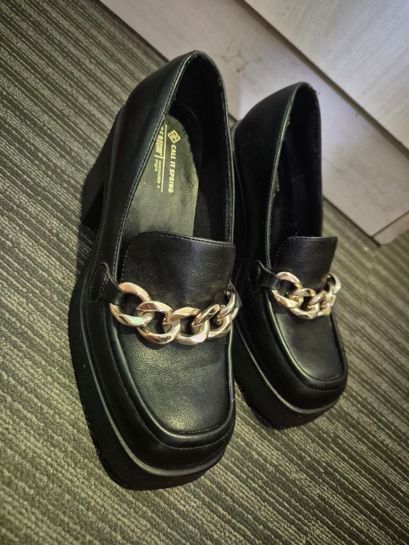 Call It Spring Black Chain Platform Loafers Size US 7.5 (Category: Loafers) located in Makati City. Submitted by beautiful_jj (Listing ID 1468532032, Image 1). Description: - Brand: Call It Spring - Style: Black loafers with chunky platform heels and lug soles - Accent: Chic gold chain link hardware across the front - Comfort: Padded footbed with sustainable B.E.D Foam vegan construction - Size: US 7.5 / EUR 38 / UK 5 - Condition: Slip-on design,