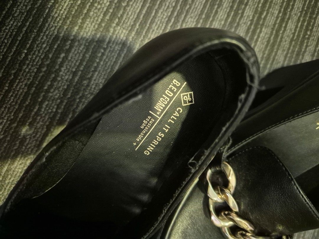Call It Spring Black Chain Platform Loafers Size US 7.5 (Category: Loafers) located in Makati City. Submitted by beautiful_jj (Listing ID 1468532032, Image 3). Description: - Brand: Call It Spring - Style: Black loafers with chunky platform heels and lug soles - Accent: Chic gold chain link hardware across the front - Comfort: Padded footbed with sustainable B.E.D Foam vegan construction - Size: US 7.5 / EUR 38 / UK 5 - Condition: Slip-on design,