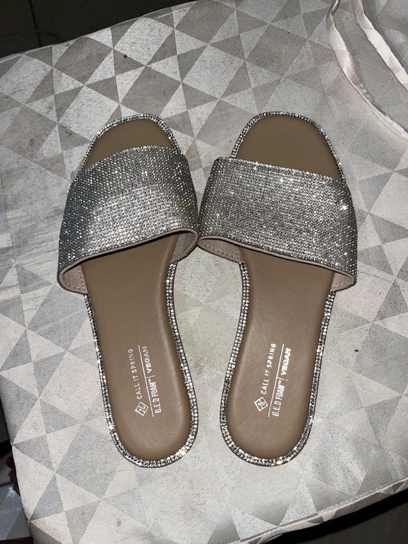 Call It Spring Shimmerr Rhinestone Sandals Size 36 (Category: Sandals) located in Manila. Submitted by warmstar_51422e (Listing ID 1468624445, Image 1). Description: - Brand: Call It Spring - Model: SHIMMERR-040 - Size: US 6 / EUR 36 / UK 3 - Condition: Brand new with original sticker tag attached to the sole - Design: Sparkling rhinestone straps and trim all around the edges - Comfort: Brown footbed with B.E.D Foam technology - Material: 100% ve