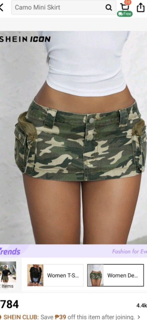 Camo Mini Skirt (Category: Skirts) located in Apalit. Submitted by randomsellshop (Listing ID 1468506876, Image 1). Description: - Brand: SHEIN ICON - Style: Low-rise cargo mini skirt with trendy camo print - Details: Functional side cargo pockets with zippers - Material: Durable and fitted denim - Fit: Short length and tight fit for a flattering silhouette.