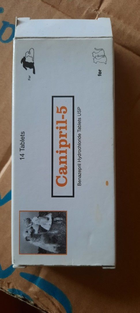 Canipril-5 Beril Hydrochloride Tablets USP 14 Tablets (Category: Health & Grooming) located in Manila. Submitted by happy.sunday.market (Listing ID 1468562000, Image 2). Description: - Product: Canipril-5 Tablets (Benazepril Hydrochloride USP) - For Pets: Yes - Package: 1 box with 14 yellow tablets in a blister pack - Batch Number: MGCN4001 - Manufacture Date: February 2024 - Expiry Date: January 2027 - Condition: Brand new and authentic.