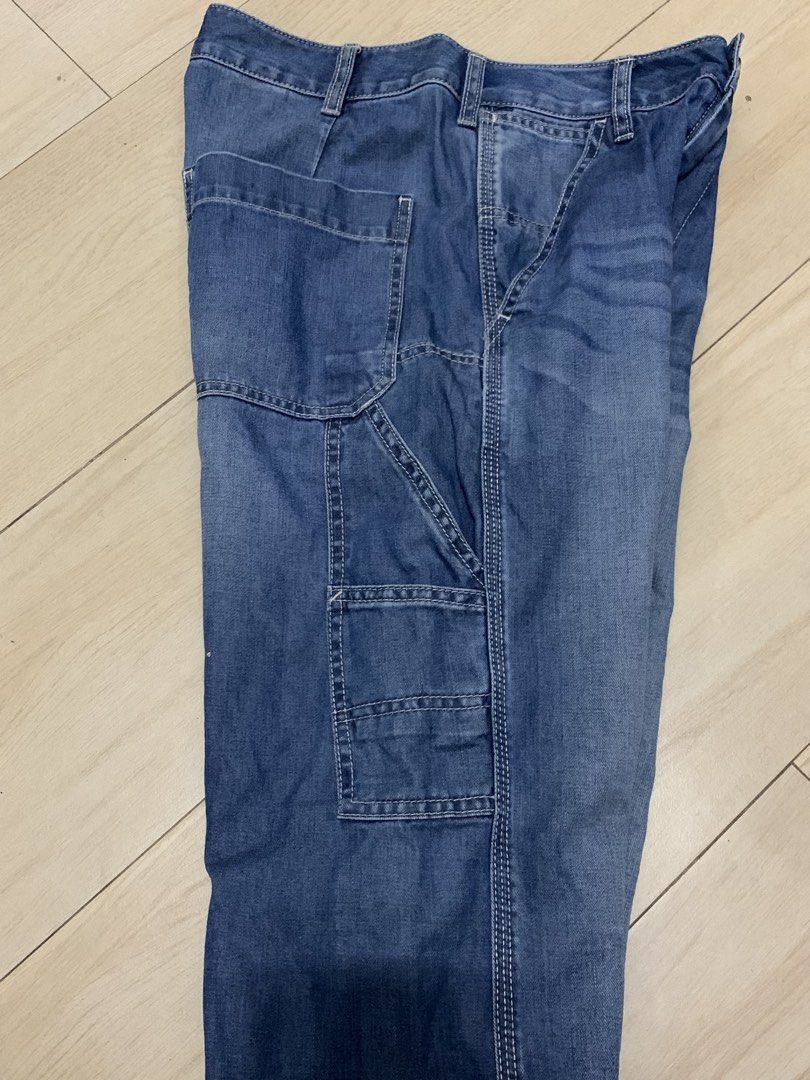 Carpenter Blue denim pants (Category: Jeans) located in Manila. Submitted by thrifty111 (Listing ID 1468640426, Image 3). Description: - Brand: Lowrys Farm - Style: Blue denim carpenter jeans with casual streetwear fit - Details: Multiple utility side pockets, back patch pockets, and contrast topstitching - Wash: Mid wash with slight fading on the thighs - Closure: Front button closure with belt loops - size 28-30 - L 39 - leg opening 9.
