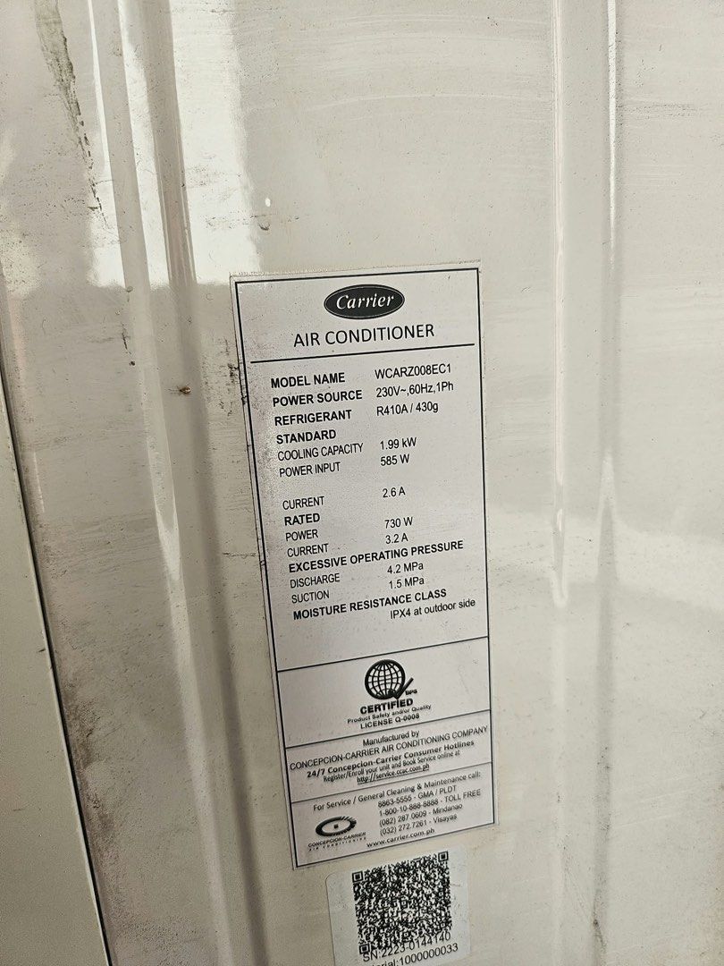 Carrier Window Type (Category: Engine and Aircon Parts and Accessories) located in Manila. Submitted by ezrapaeste (Listing ID 1468598941, Image 3). Description: Move out sale Carrier Optima Green 0.75 HP Cooling capacity: 1.99 kW (approximately 6,800 BTU/h) Power input: 585 W Rated power: 730 W Voltage: 230 V Frequency: 60 Hz Phase: Single-phase Refrigerant: R410A Refrigerant charge: 430 g Current: 2.6 A operating; 3.2 A rated NEGOTIABLE.
