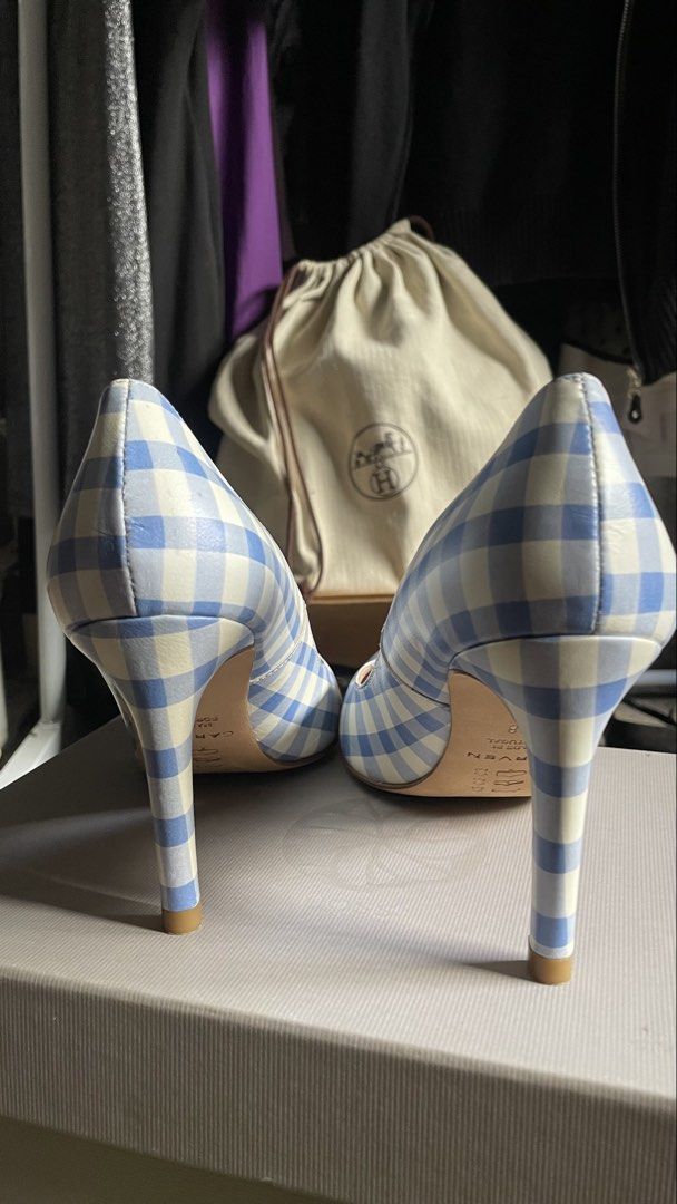 Carven Heels (Category: Sneakers & Footwear) located in Dumaguete. Submitted by jaymharr (Listing ID 1468510046, Image 2). Description: These Carven light blue and cream gingham pumps feature a pointed toe and a sleek stiletto heel. Made from printed leather with a classic checkered pattern, they bring a polished, retro-inspired aesthetic to dressed-up looks or elevated denim outfits..