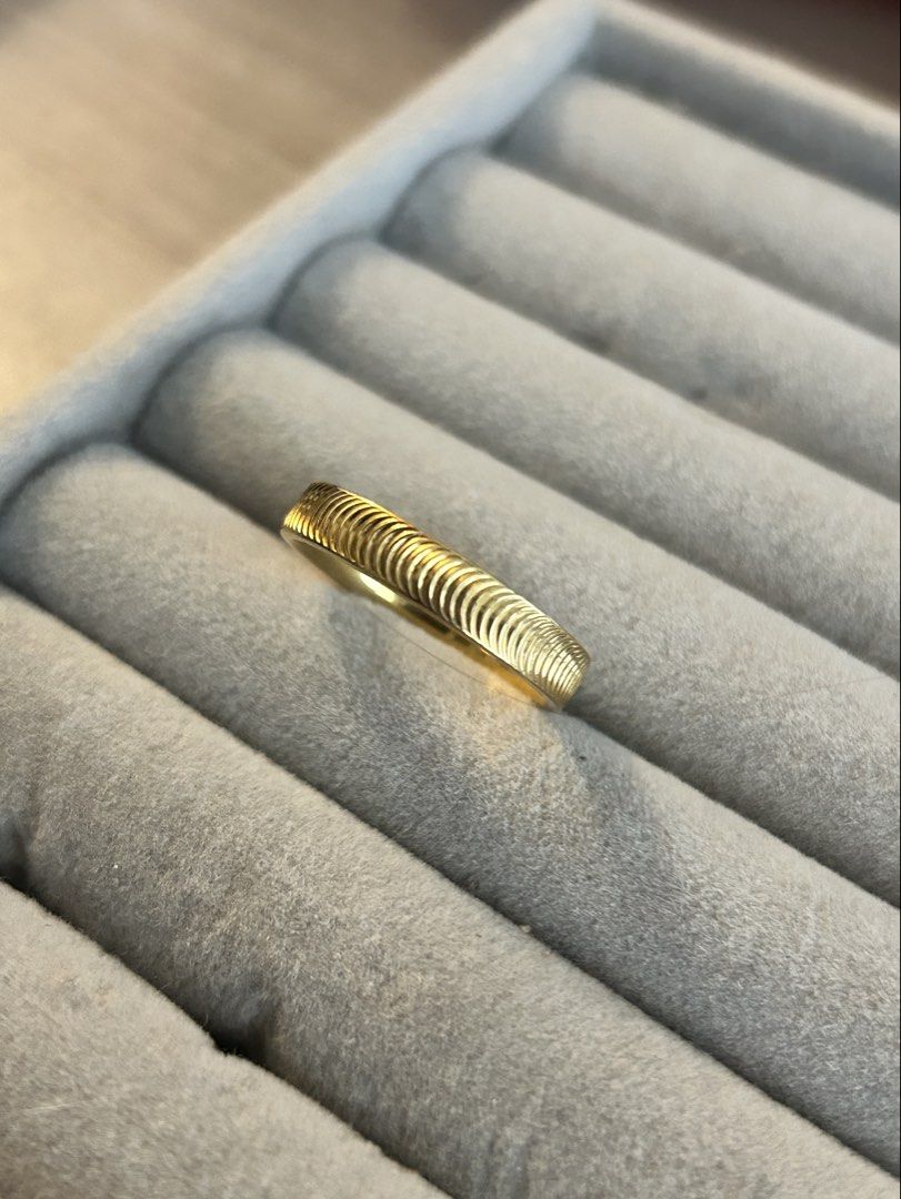 Catseye Band Ring (Category: Rings) located in Manila. Submitted by elonlineshop (Listing ID 1468500645, Image 1). Description: - Material/Color: Gold ring - Design: Textured ribbed pattern on top with a smooth polished inner band - Comfort: Smooth fit, great for all-day wear - Styling: Versatile piece, wear alone or stack with other rings - Condition: Clean finish, ready to wear -Stainless Steel.