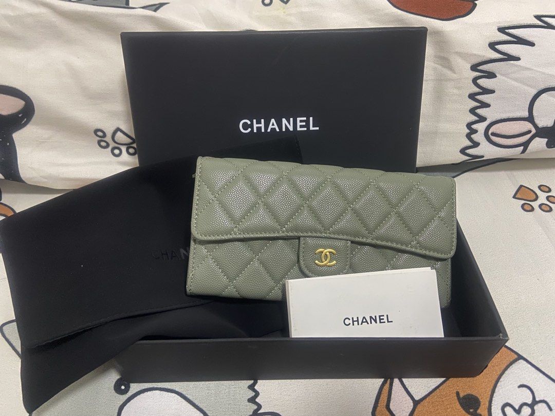 CC wallet (Category: Wallets & Card holders) located in Quezon City. Submitted by emjen (Listing ID 1468528193, Image 1). Description: VIP Chanel Long wallet in Sage color NO ISSUE with holo sticker and engraved chanel underzip Inclusion: dustbag and box Pm for details .