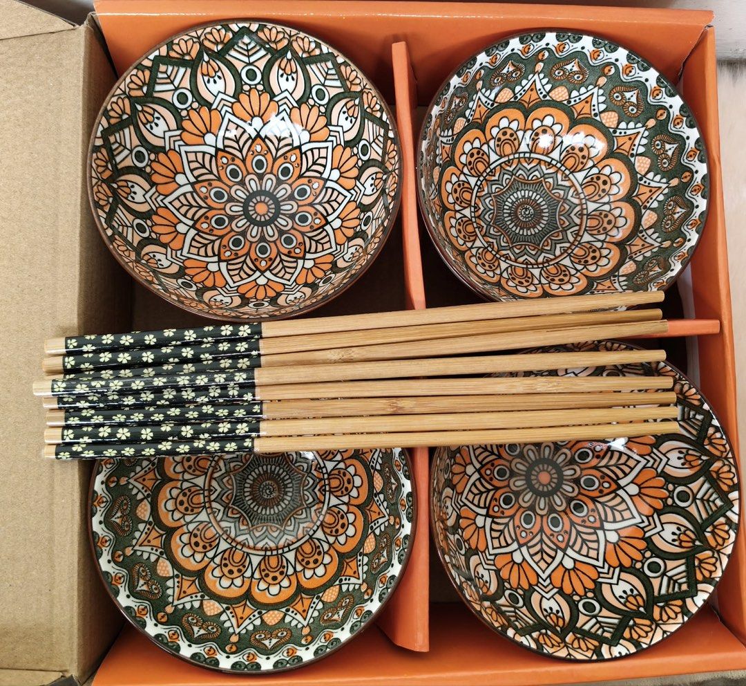 Ceramic 4-pc bowls with 8-pc chopsticks (Category: Dinnerware & Cutlery) located in Quezon City. Submitted by docshop.orig (Listing ID 1468574001, Image 2). Description: 🌺 perfect gift this holiday season🌟.