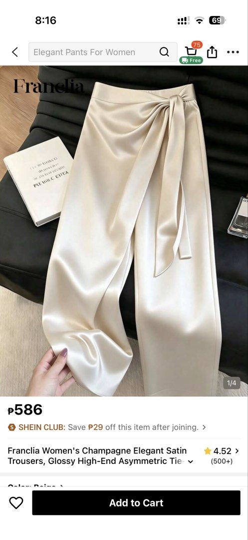 Champaigne Elegant Satin Ttouser (Category: Other Bottoms) located in Pasig City. Submitted by bigboxmerchandise (Listing ID 1468501007, Image 1). Description: - Brand: Franclia - Item: Women's Champagne Elegant Satin Trousers - Size: L (EU 40 / US 27) - Material: Premium glossy satin - Design: High-end asymmetric tie detail - Condition: Excellent / Like new - Perfect for formal events, parties, and chic daily wear.