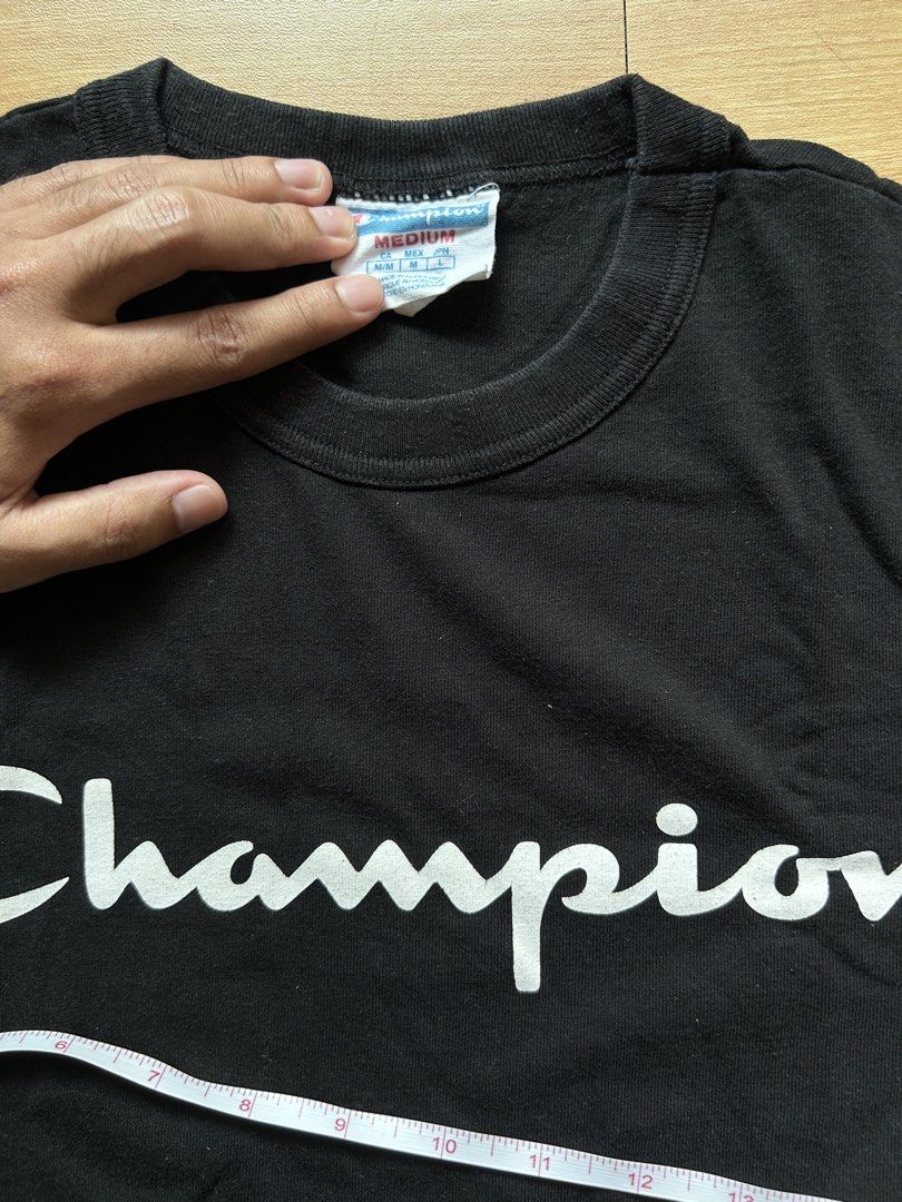 Champion men’s classic script logo Medium (Category: Tshirts & Polo Shirts ) located in Manila. Submitted by bossjear (Listing ID 1468700893, Image 3). Description: Length 27.5 X Width 18.5 Best fit Large No issue Color rate 9/10 .