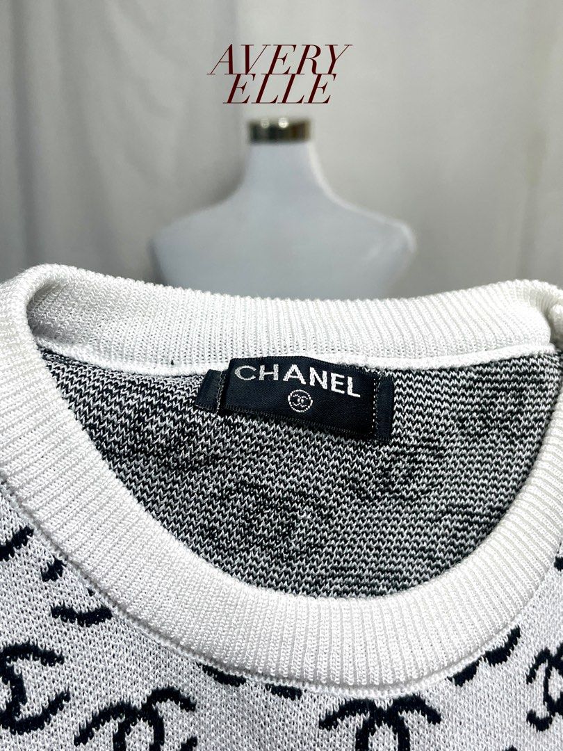 Chanel Black and White Monogram Knit Sweater (Category: Longsleeves) located in Quezon City. Submitted by averyelleco (Listing ID 1468672009, Image 2). Description: - Brand: Chanel - Style: Long-sleeve cropped knit sweater - Color: White base with all-over black CC monogram print - Details: Ribbed white crew neckline and cuffs, branded inner collar label - Fit: Fitted, cropped length - Condition: Excellent - Mode of Payment: GCash - Shipping: Via