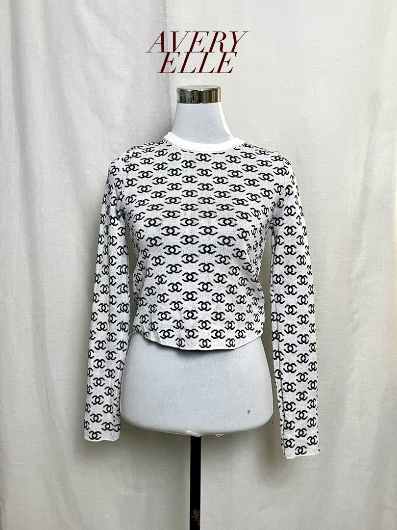 Chanel Black and White Monogram Knit Sweater (Category: Longsleeves) located in Quezon City. Submitted by averyelleco (Listing ID 1468672009, Image 1). Description: - Brand: Chanel - Style: Long-sleeve cropped knit sweater - Color: White base with all-over black CC monogram print - Details: Ribbed white crew neckline and cuffs, branded inner collar label - Fit: Fitted, cropped length - Condition: Excellent - Mode of Payment: GCash - Shipping: Via