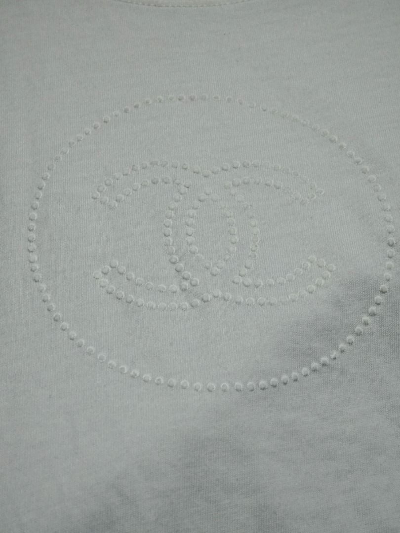 CHANEL WHITE TEES (Category: Luxury Apparel) located in Imus. Submitted by eykc01 (Listing ID 1468522579, Image 3). Description: -EUC-LIKE NEW -SMALL ON TAG -ARMPT-ARMPT: 14 INCHES -LENGHT: 23.5 INCHES **This item is an authentic Chanel Uniform Short-Sleeve T-Shirt, featuring a subtle, tonal embroidered interlocking CC logo centered on the chest.