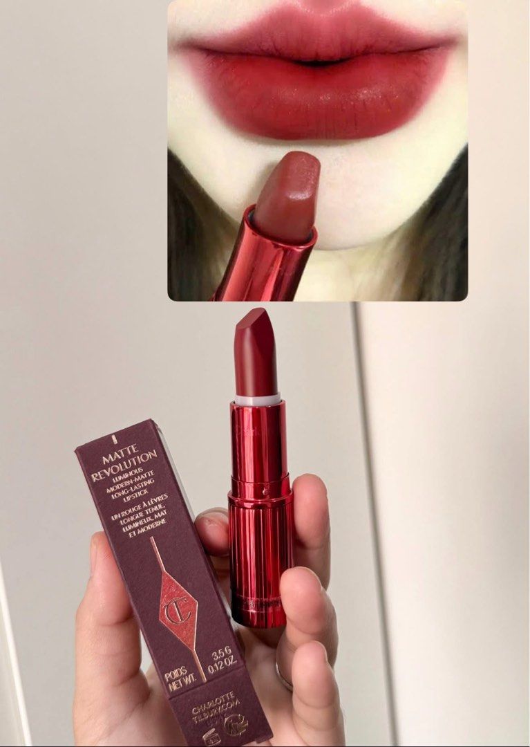 Charlotte Tilbury Lipstick (Category: Makeup) located in Perez. Submitted by mollywalker_091 (Listing ID 1468609673, Image 1). Description: Shades: cinematic red & k romance Full size with box.