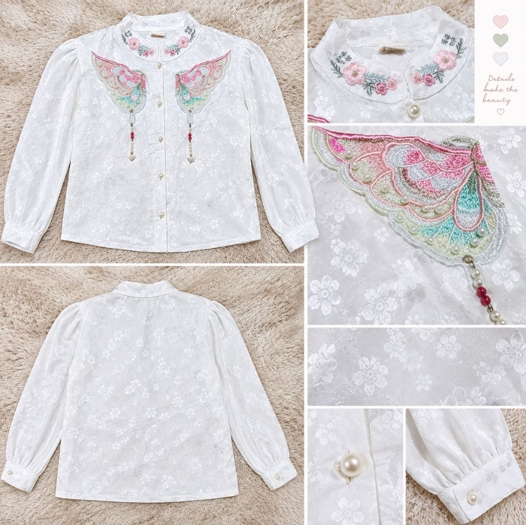 Chinese style - Butterfly - Embroidery (Category: Longsleeves) located in Quezon City. Submitted by herlys.684 (Listing ID 1468602964, Image 2). Description: - This item is a modern New Chinese Style (新中式 - Xīn Zhōngshì) - Chinese traditional hand sewing (butterfly part and floral design) 📏Size: S to M 📍 Loc: QC 🚚 Delivery: lalamove 📌 Meet up: SM Fairview 🍒 Color: White with delicate woven floral patterns 🍒 Collar: Stand-up collar with flor