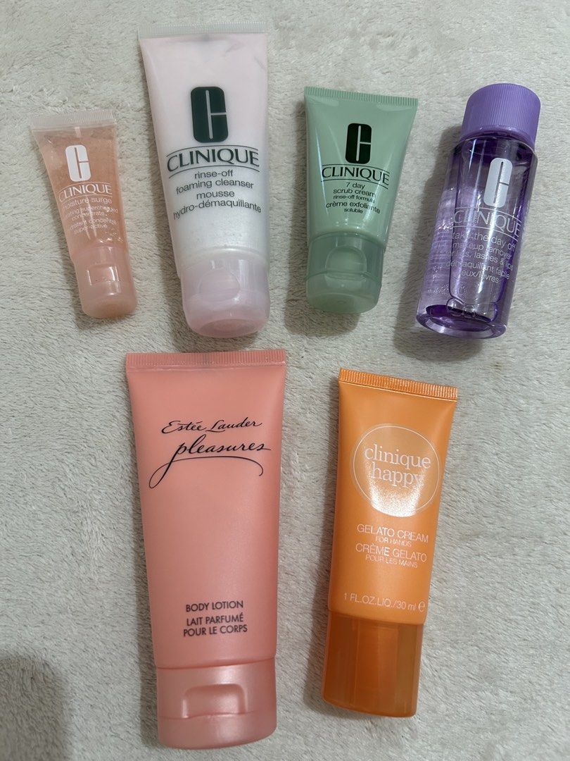 Clinique-Estee Lauder (Category: Face Care) located in Baguio. Submitted by previouslymine.10 (Listing ID 1468514928, Image 1). Description: Clinique: - rinse off foaming cleanser mousse 75ml - 7 day scrub cream 30ml - moisture surge hydrating supercharged concentrate 15ml - take the day off makeup remover 50ml - clinique happy gelato cream 30ml Estee Lauder: - pleasures body lotion 75ml.