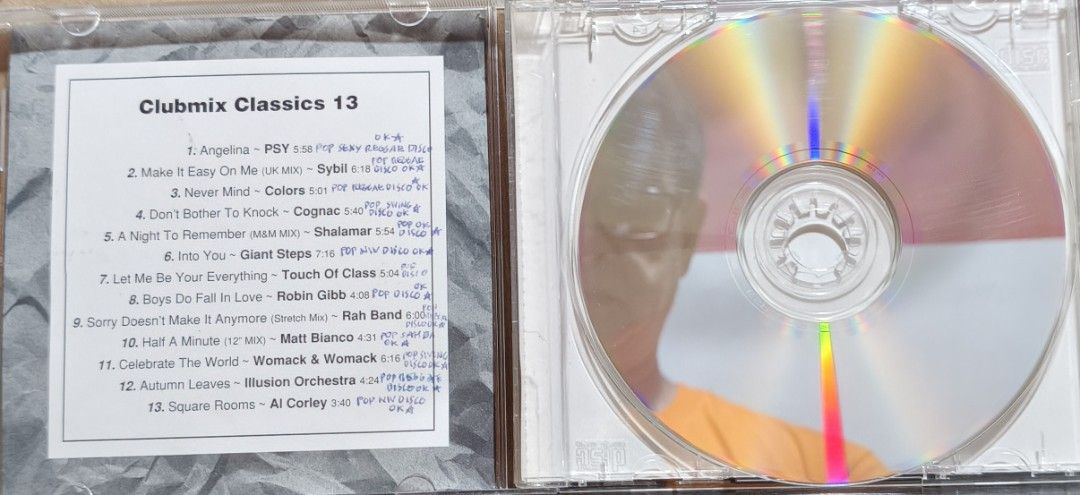 Clubmix Classics 13 Compilation CD Album (Category: CDs & DVDs) located in Manila. Submitted by ruelcabrer77078 (Listing ID 1468689617, Image 2). Description: - Album: Clubmix Classics 13 Compilation CD - Packaging: Standard jewel case with tracklist printed in the booklet - Featured Artists: Psy, Sybil, Shalamar, Al Corley, and more - Condition: Tested and ready to play (Note: Disc includes custom handwritten notes and markings) - Perfect for 80
