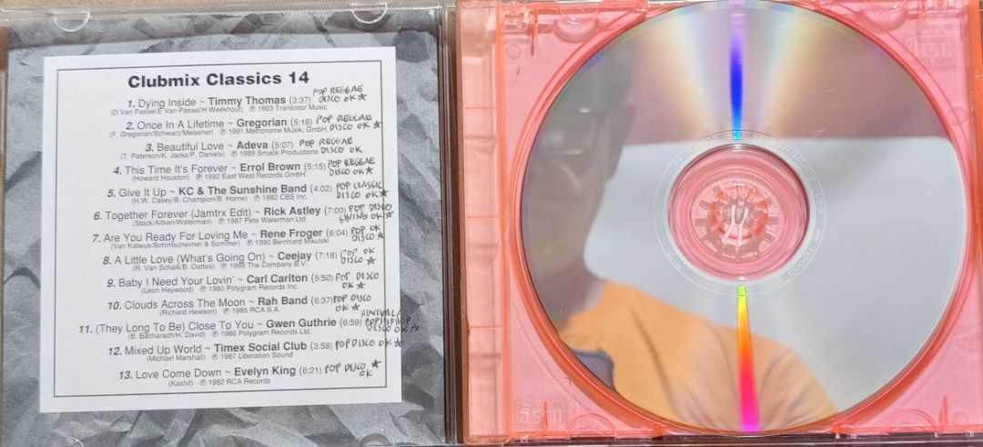 Clubmix Classics 14 Compilation Audio CD (Category: CDs & DVDs) located in Manila. Submitted by ruelcabrer77078 (Listing ID 1468689703, Image 2). Description: - Album: Clubmix Classics 14 - Format: Audio CD with orange jewel case - Track Count: 13 tracks - Featured Artists: Timmy Thomas, Gregorian, Adeva, Errol Brown, KC & The Sunshine Band, Rick Astley, Rene Froger, Ceejay, Carl Carlton, Rah Band, Gwen Guthrie, Timex Social Club, and Evelyn King