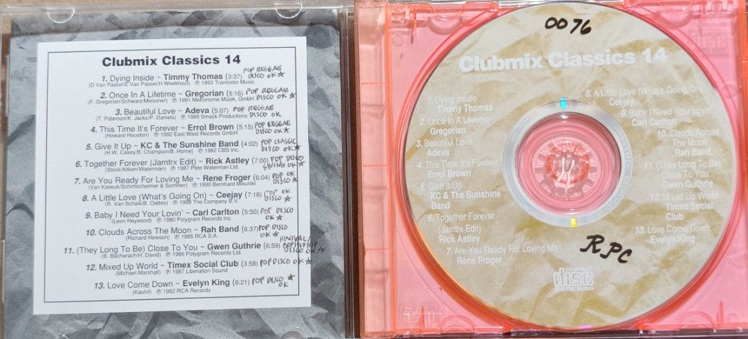 Clubmix Classics 14 Compilation Audio CD (Category: CDs & DVDs) located in Manila. Submitted by ruelcabrer77078 (Listing ID 1468689703, Image 3). Description: - Album: Clubmix Classics 14 - Format: Audio CD with orange jewel case - Track Count: 13 tracks - Featured Artists: Timmy Thomas, Gregorian, Adeva, Errol Brown, KC & The Sunshine Band, Rick Astley, Rene Froger, Ceejay, Carl Carlton, Rah Band, Gwen Guthrie, Timex Social Club, and Evelyn King
