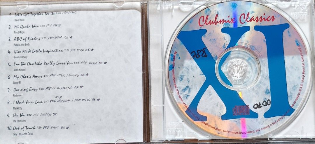 Clubmix Classics XI Compilation Audio CD (Category: CDs & DVDs) located in Manila. Submitted by ruelcabrer77078 (Listing ID 1468689431, Image 3). Description: - Item: Clubmix Classics XI Compilation CD - Format: Standard jewel case with inner insert tracklist - Design: Disc surface features blue print artwork - Track Count: 10 classic tracks - Featured Artists: Steve Walsh, Pino D'Angio, Richard John Smith, Brenda Holloway, Austin Howard, Boney M