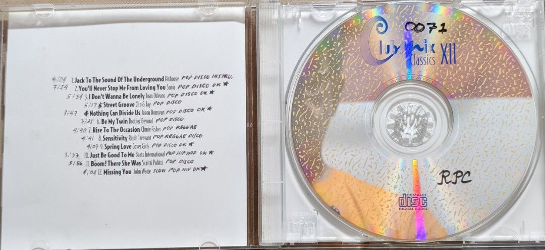 Clubmix Classics XII Compilation CD Album (Category: CDs & DVDs) located in Manila. Submitted by ruelcabrer77078 (Listing ID 1468689535, Image 3). Description: - Title: Clubmix Classics XII Compilation CD - Genre: Retro Dance and Pop - Tracklist: 12 tracks featuring Jason Donovan, Sonia, John Waite, and more - Condition: Standard jewel case with printed insert; disc surface is clean with handwritten markings - Perfect for retro CD collectors and 