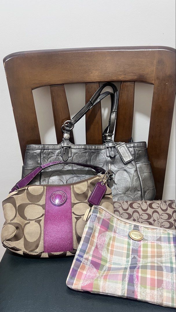 Coach Bags TAKE ALL ONLY (Category: Shoulder Bags) located in Tarlac. Submitted by lilynymphaea_ (Listing ID 1468558487, Image 1). Description: selling my coach bags with freebies !! rfs: decluttering (NEGOTIABLE PLS OFFER) COACH Demi Purse Magenta -8/10 body canvas - complete straps -complete og hang tag -with care instructions -main issue are cracked leather straps & the creed, canvas is still good -sign of usage COACH Coach Signature Embossed 