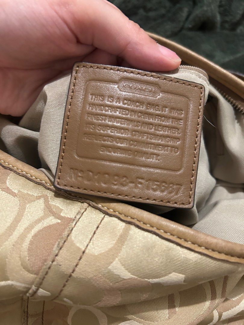 RUSH Coach Hobo Optic (Category: Shoulder Bags) located in Santa Rita. Submitted by chloeclosette (Listing ID 1468595755, Image 2). Description: - Authentic Coach shoulder bag in classic khaki and tan signature C fabric - Stylish brown leather trim and single comfortable strap - Secure zipper top closure with clean fabric interior lining Loc- pampanga.