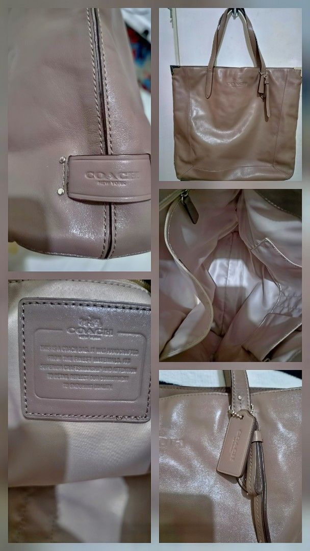 Coach Taupe Leather Tote Bag (Category: Luxury Bags & Wallets) located in Calamba. Submitted by junelbaliwag (Listing ID 1468527303, Image 1). Description: - Authentic Coach taupe leather tote bag - Structured silhouette with comfortable dual top handles - Spacious interior lined in pretty light pink satin - Features multiple slip pockets and a secure zipped compartment - Includes original Coach leather hangtag charm and interior creed patch - Cl