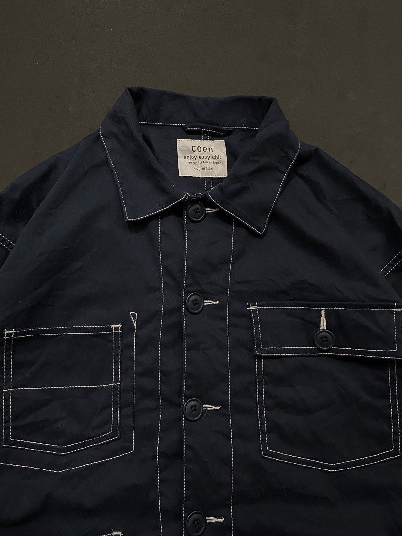 Coen Japan Navy Blue Contrast-Stitch Work Jacket (Category: Coats, Jackets and Outerwear) located in Quezon City. Submitted by rlphvncntbs (Listing ID 1468513045, Image 2). Description: Coen Japan Navy Blue Contrast-Stitch Work Jacket Size: Medium Measurements: 22" x 26" Excellent Condition ₱2,500 + SF (Negotiable).
